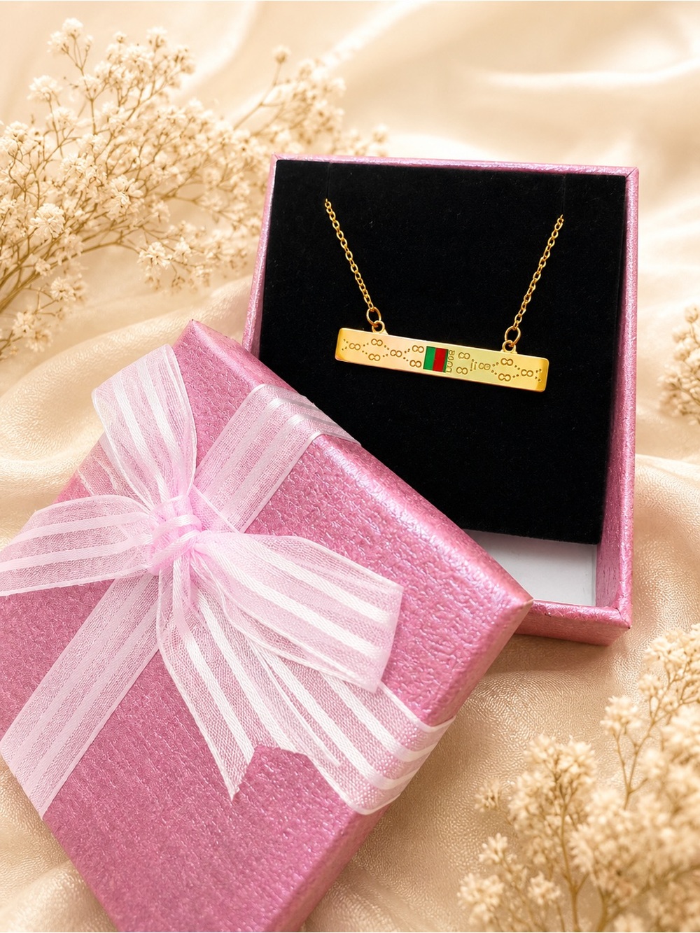 Gold Bar Necklace with Green and Red Accent - Women Jewelry steel 316L